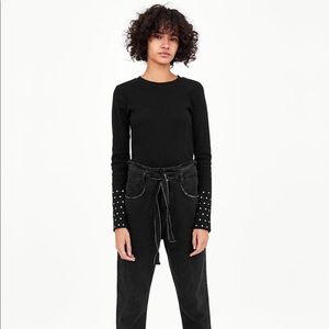 ZARA Black Top with Rhinestone Sleeves (M)